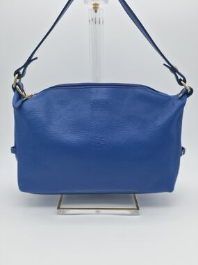 IL BISONTE Blue Pebbled Leather Zip Shoulder Bag Gold Hardware Made in Italy
